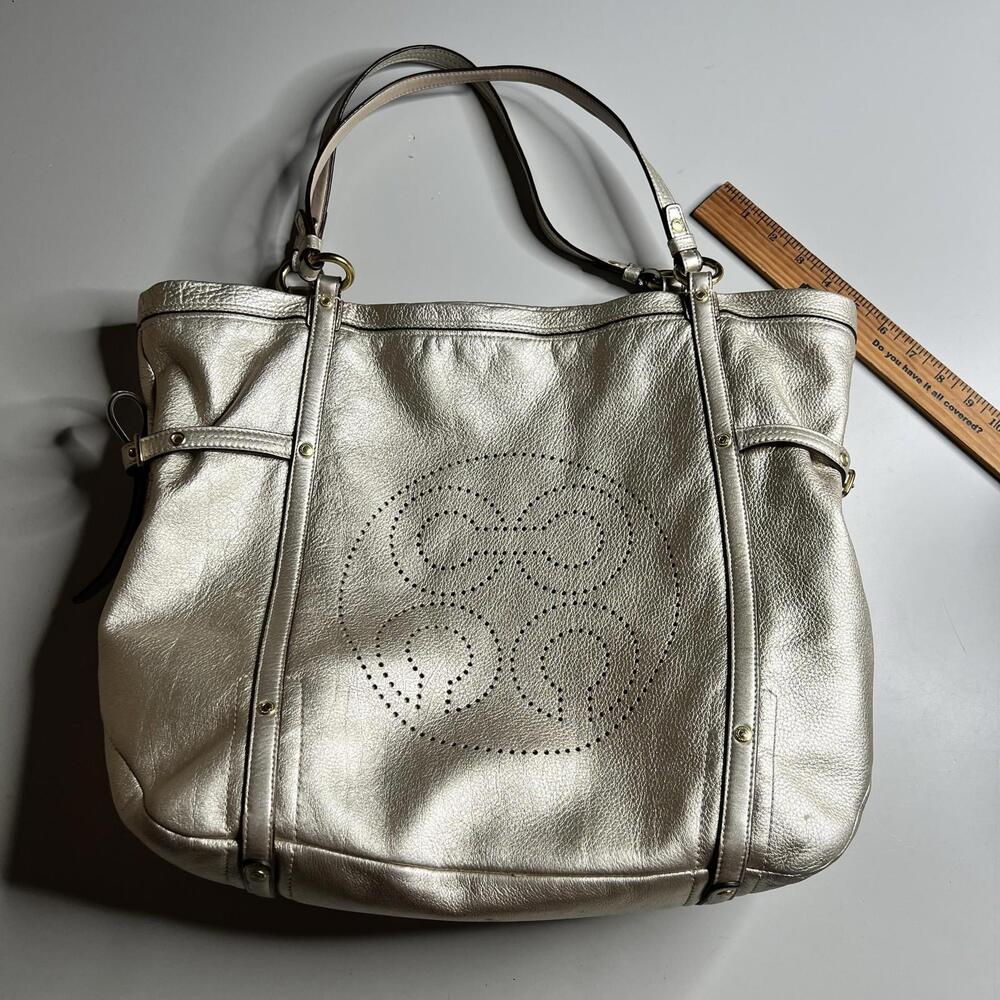 Coach Tote Bag Womens Large Gold Metallic Leather Shoulder Pink Lining 17024